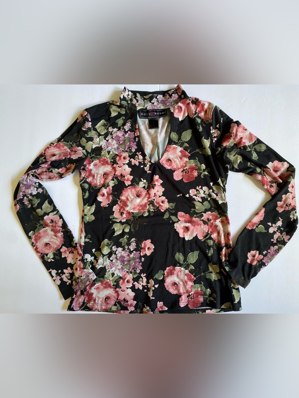 Polly & Esther Black Floral V-Neck Long Sleeve Top
